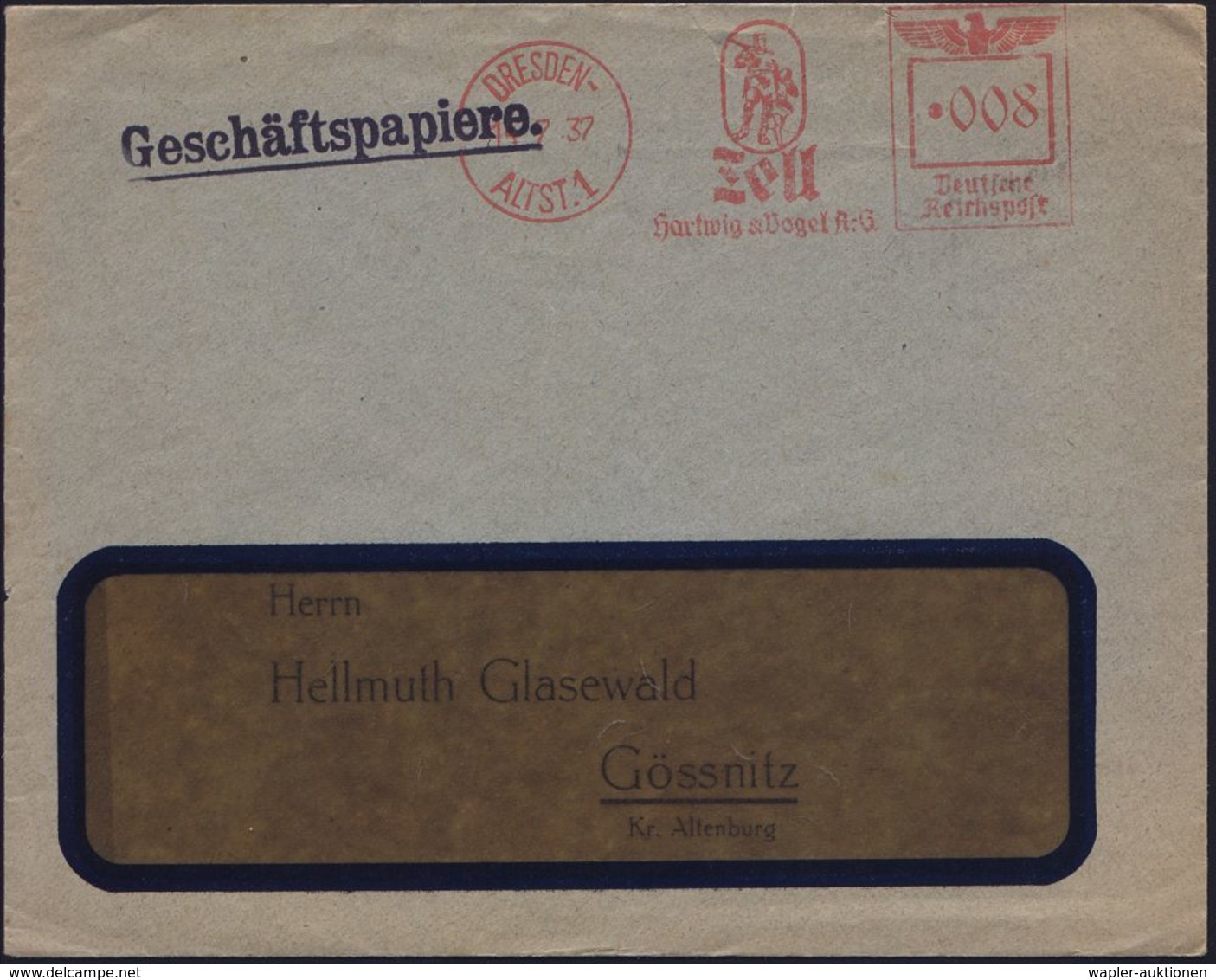 DRESDEN-/ ALTST.1/ Tell/ Hartwig & Vogel AG. 1937 (14.7.) AFS = Wilhelm Tell (mit Sohn U. Armbrust) Rs. Abs.-Vordruck (m - Ecrivains