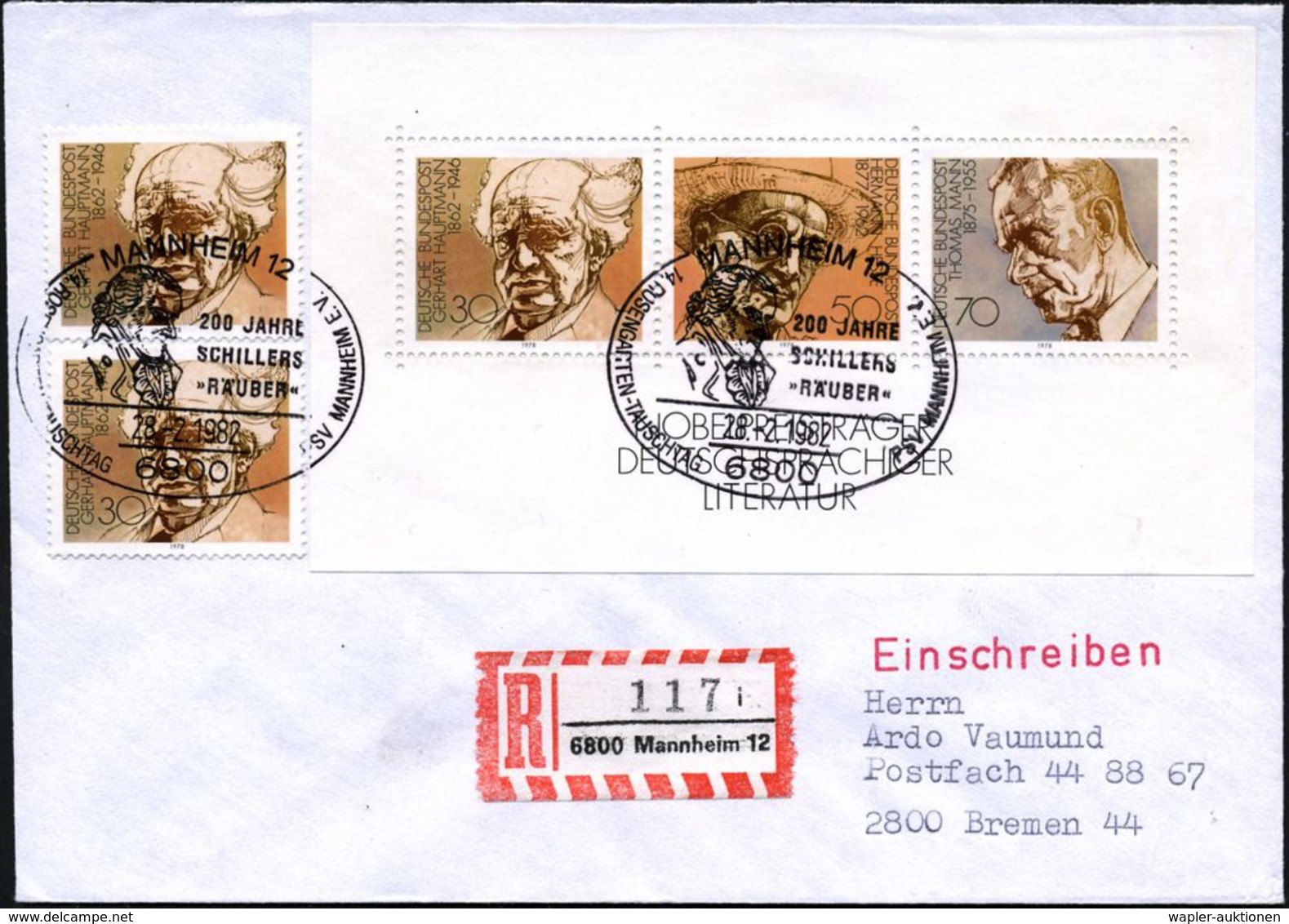 6800 MANNHEIM 12/ 200 JAHRE/ SCHILLERS/ "RÄUBER".. 1982 (28.2.) SSt = Schiller-Brustbild 2x Auf Satzreiner Frankatur Deu - Writers