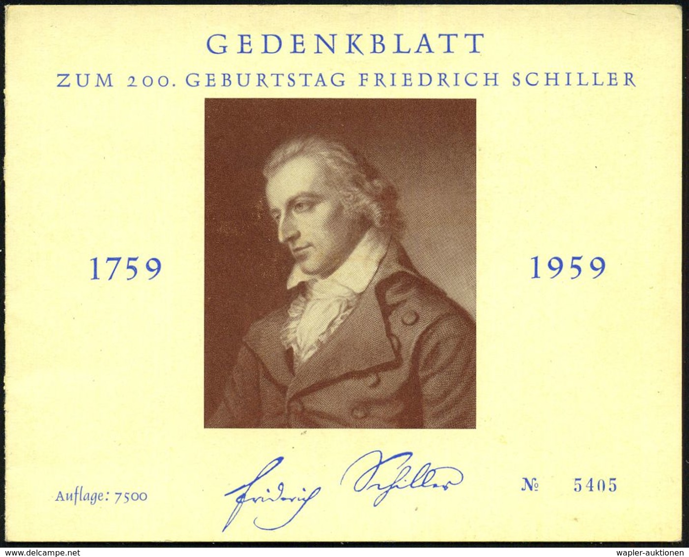 (14a) MARBACH (NECKAR)/ 200. GEBURTSTAG FRIEDR.SCHILLERS 1959 (10.11.) SSt Auf 20 Pf. Schiller Berlin In Gedenk-Faltblat - Schrijvers