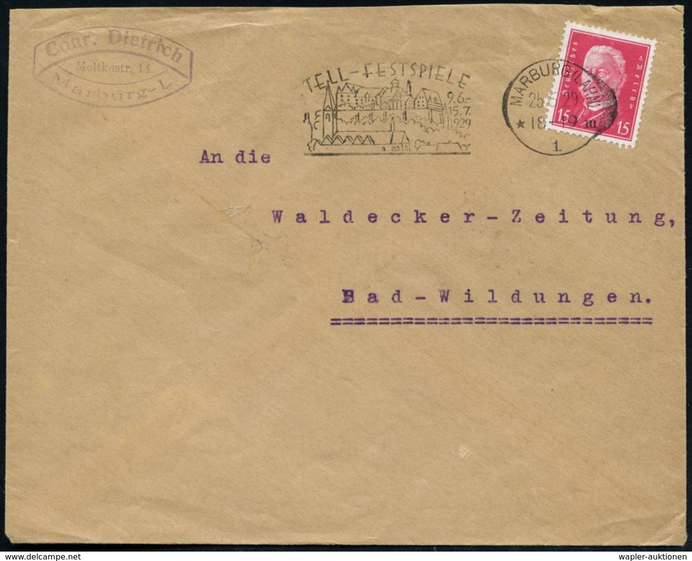 MARBURG (LAHN)/ *1m/ TELL-FESTSPIELE 1928 (25.6.) Seltener MWSt = Histor. Stadtbild Mit Dom Klar Auf Firmen-Bf. (Bo.5 A) - Ecrivains