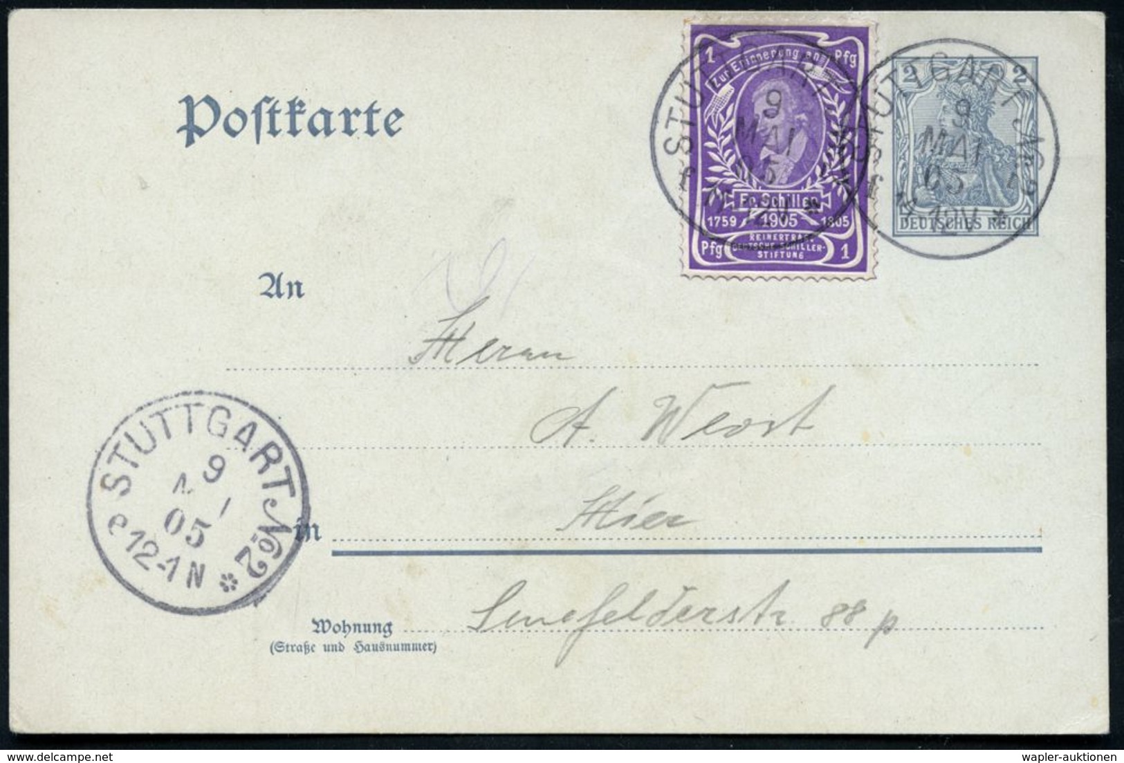 STUTTGART Nr.7 1905 1K Auf Orts-P. 2 Pf. + Zusatzfrank. 1 Pf. Spendenmke, Viol.: Schiller-Stiftung = 100. Todesjahr Abge - Schrijvers