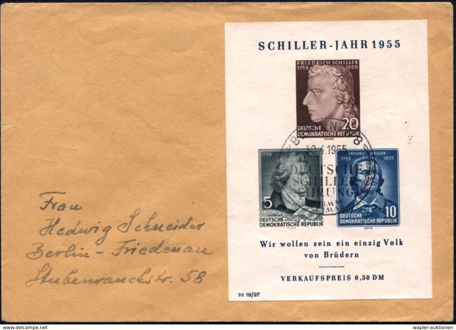 D.D.R. 1955 (30.4.) Ungez. Schiller-Block, EF + ET-SSt.: BERLIN W 8/DEUTSCHE/SCHILLER/EHRUNG.. (Bo.661) Orts-FDC (Bf. Kl - Schrijvers