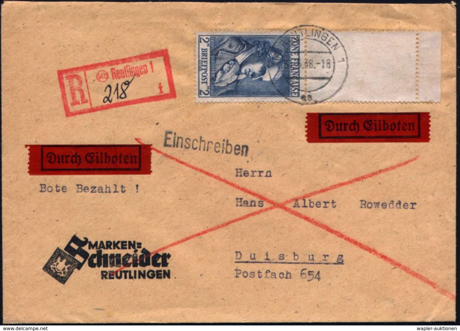 FRANZÖSISCHE ZONE 1948 (31.5.) 2.- Mk. Friedr. Schiller, EF Mit Leerfeld Vom Oberrand , Klar Gest. (2K:REUTLINGEN 1) + R - Ecrivains