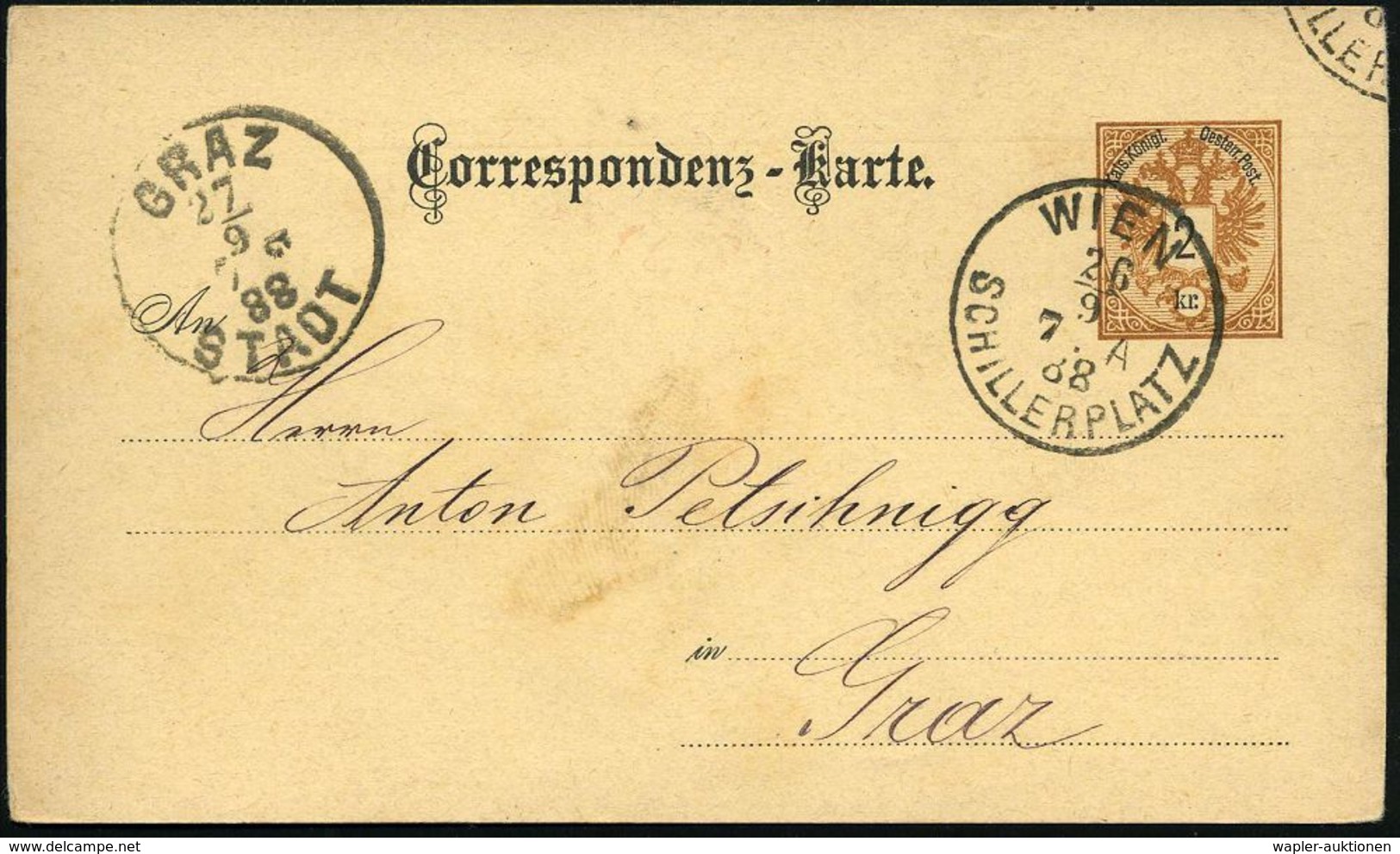 ÖSTERREICH 1888 (26.9.) 1K: WIEN / S C H I L L E R P L A T Z Klar Auf Inl.-P. 2 Kr. Doppeladler N. Graz (vs. AS) - JOHAN - Schrijvers