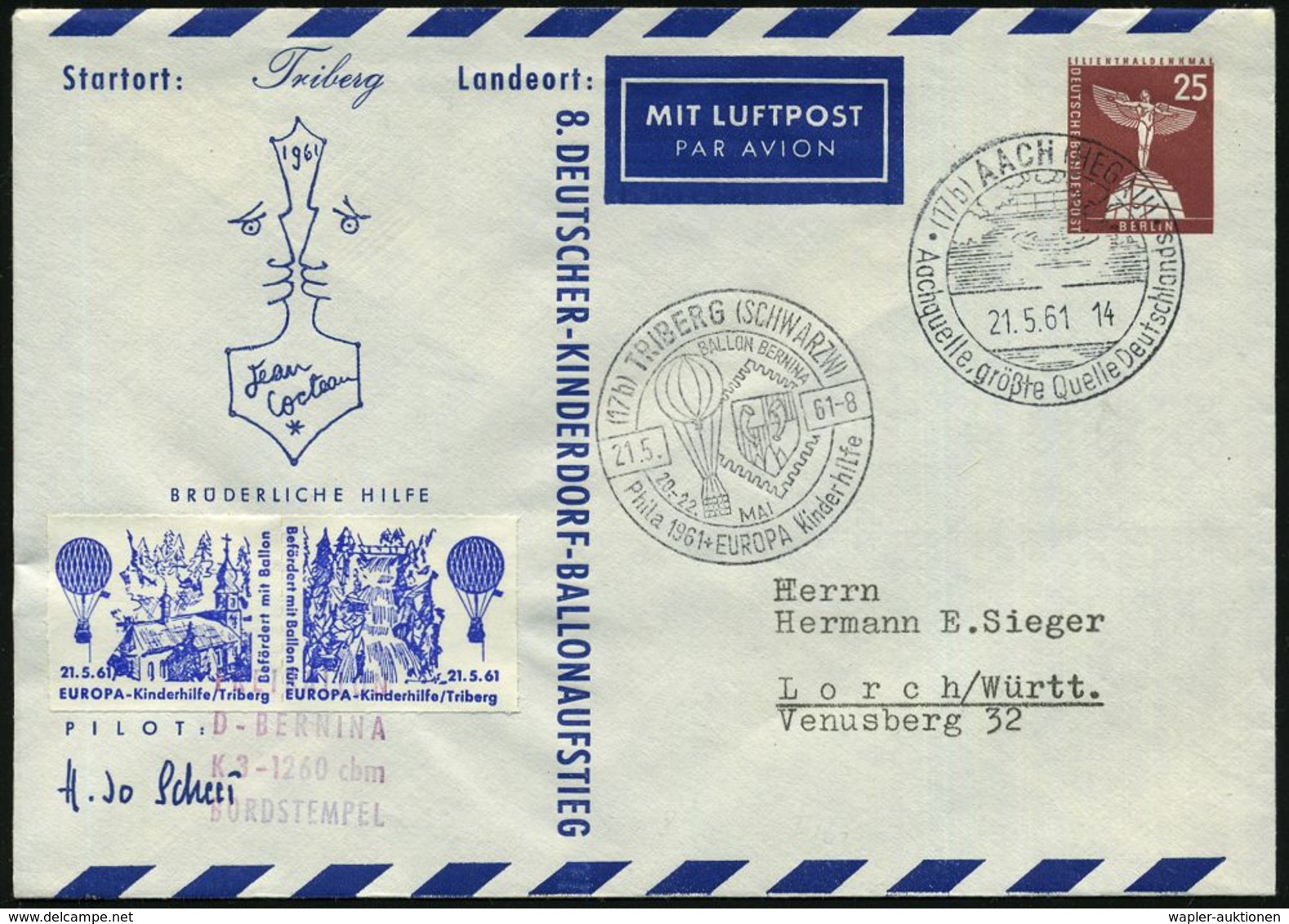 (17b) AACH (HEGAU)/ Aachquelle.. 1961 (21.5.) HWSt. Auf PU 25 Pf. Berlin, Lilienthaldenkmal: Jean Cocteau-Zeichnung = Fr - Scrittori