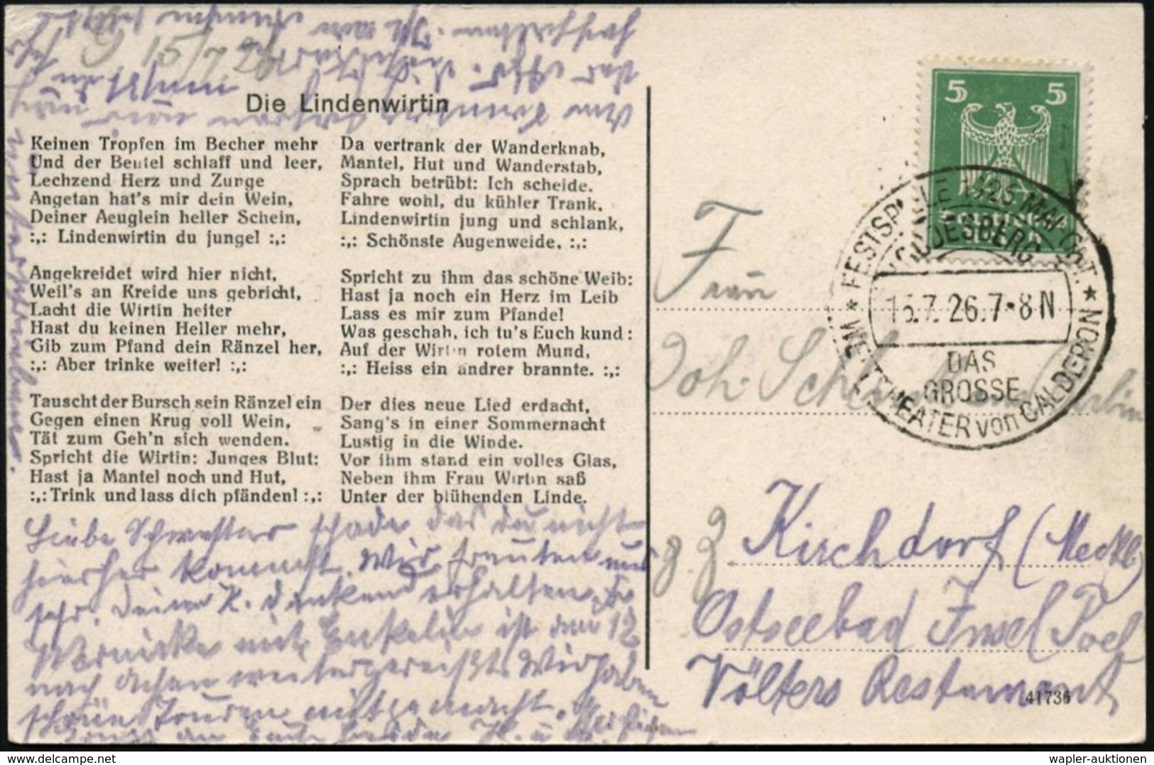 Bad Godesberg 1926 (Juli) HWSt.: GODESBERG/DAS/ GROSSE/ WELTTHEATER VON CALDERON/FESTSPIELE 1926 MAI-OKT. = Span. Kathol - Schrijvers