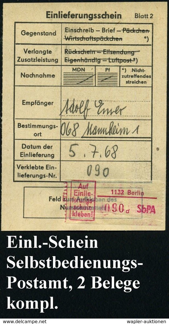 D.D.R. 1968 (20.3) 20 Pf. Maxim Gorki, EF + SbPA 50 Pf. "1132 Berlin/b/SbPA/Gebühr Bezahlt" (Mi.2) + R-Einl.-Schein, Kla - Schrijvers