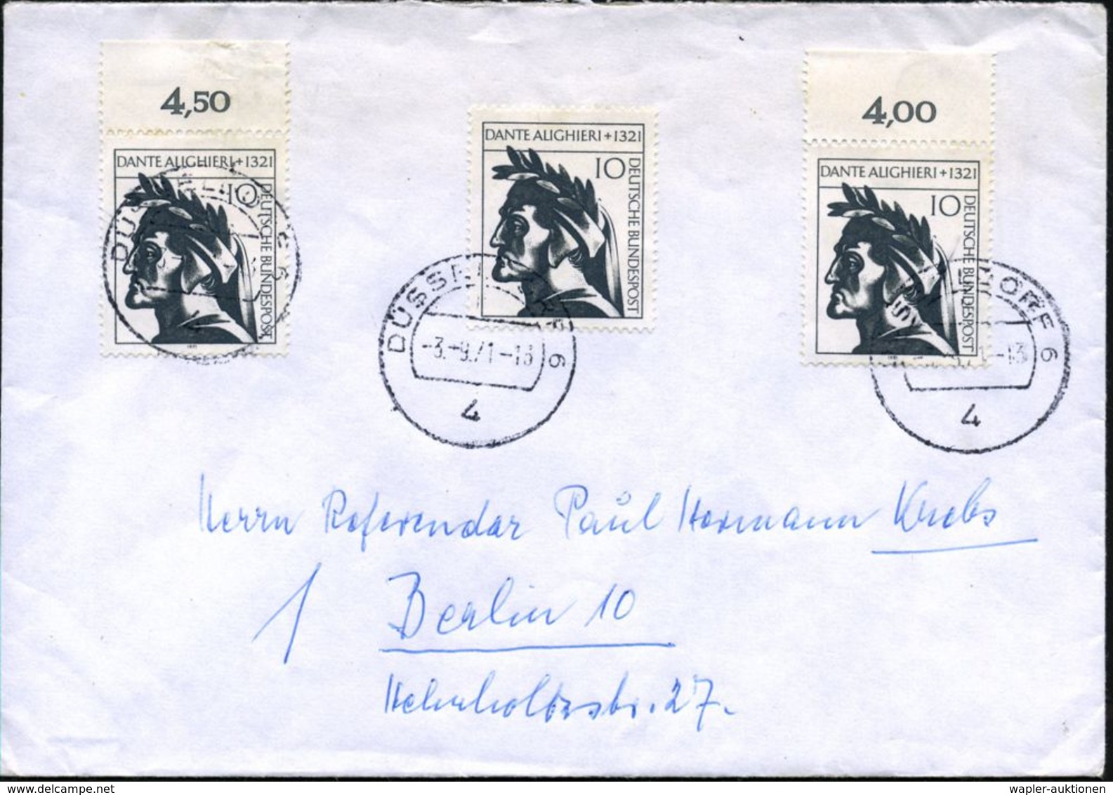 B.R.D. 1971 (3.9.) 10 Pf. "650. Todestag Dante Aligheri", Reine MeF: 3 Stück (2x Oberrand Mit Summenzähler) Klar Einzeln - Escritores