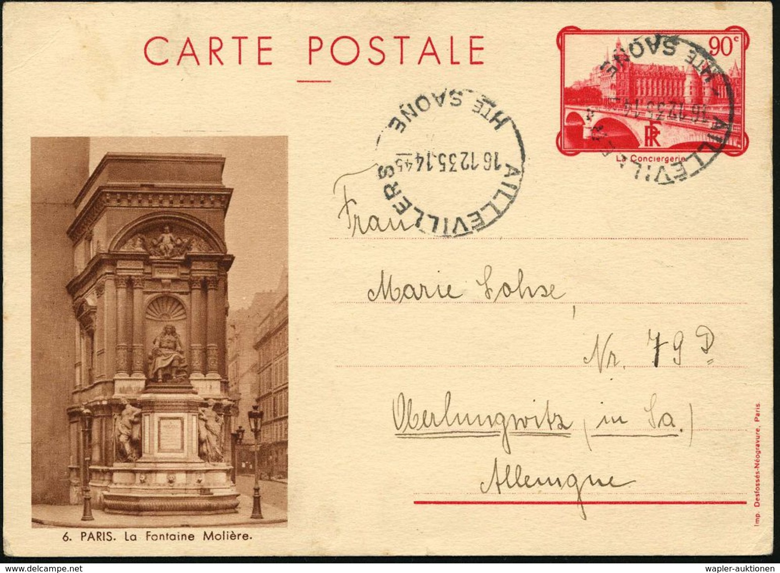 FRANKREICH 1935 (16.12.) 90 C. BiP "La Conciergerie", Rot: PARIS = Molière-Brunnen , Bedarfs-Ausl.-Kt.! (Mi.P 64/06) - F - Writers