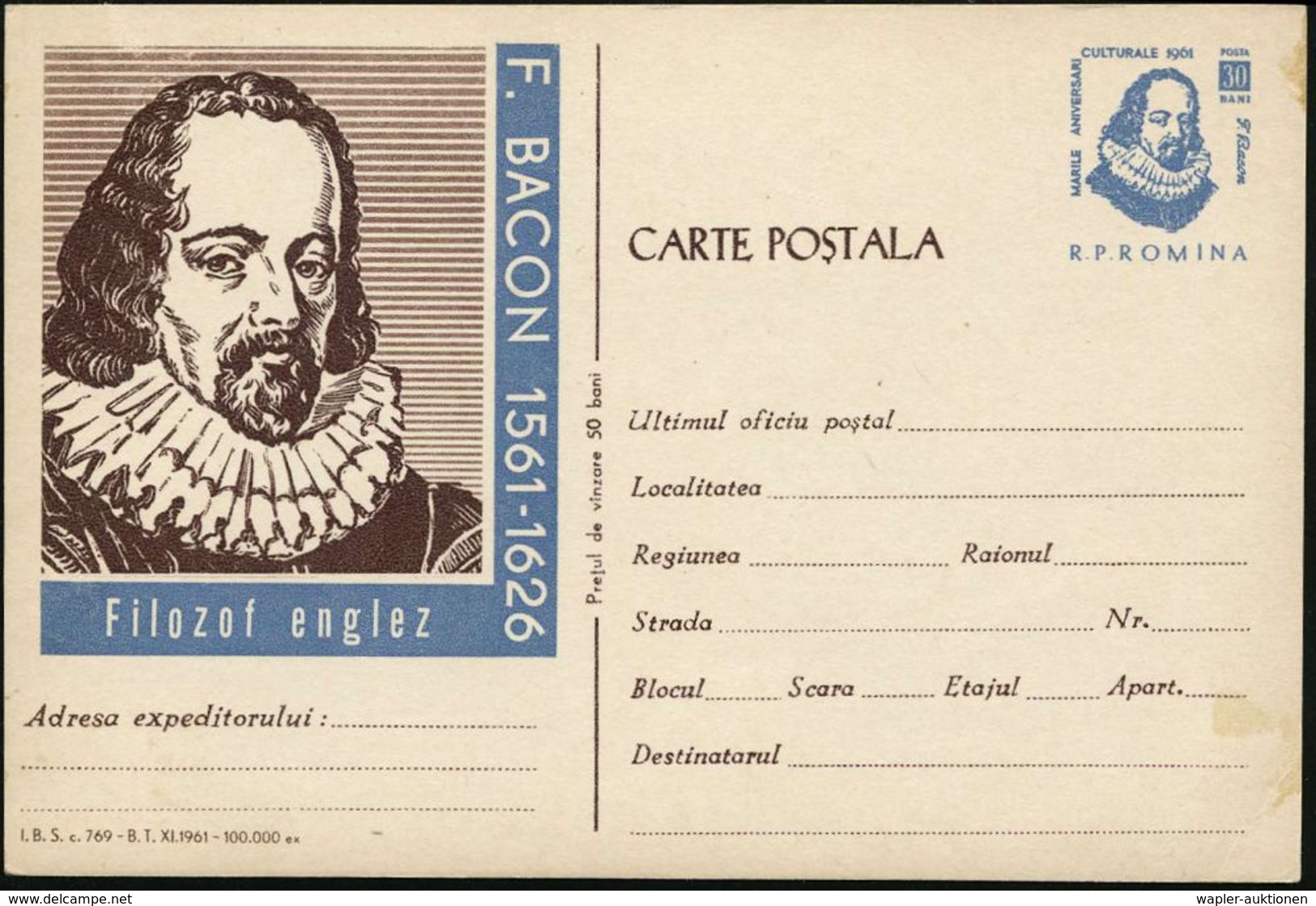 RUMÄNIEN 1961 30 B. Sonder-P "400. Geburtstag Francis Bacon" (Brustbild) 1561-1626, Empirismus-Philosoph Etc., Ungebr.,  - Schrijvers