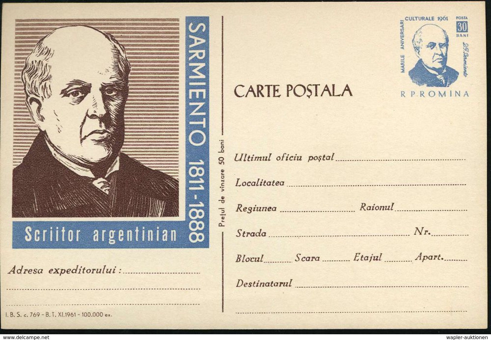 RUMÄNIEN 1961 30 B. Sonder-P. "150. Geburtstag D.F. Sermiento" = Argentin. Autor, Pädagoge, Politiker (Brustbild) Ungebr - Scrittori