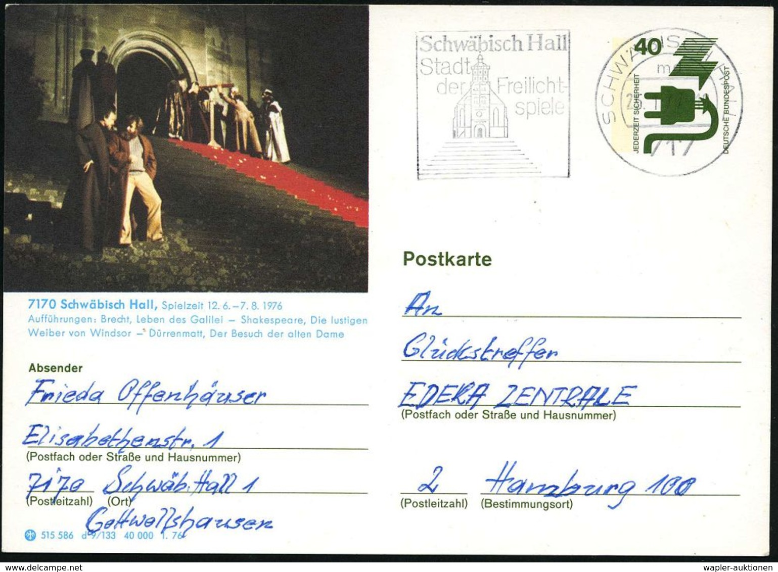 Schwäbisch Hall 1977 (25.1.) MWSt.: 717 SCHWÄBISCH HALL/md/Stadt/der Freilicht/spiele (Freilichtbühne) Orts- U. Motivgl. - Scrittori