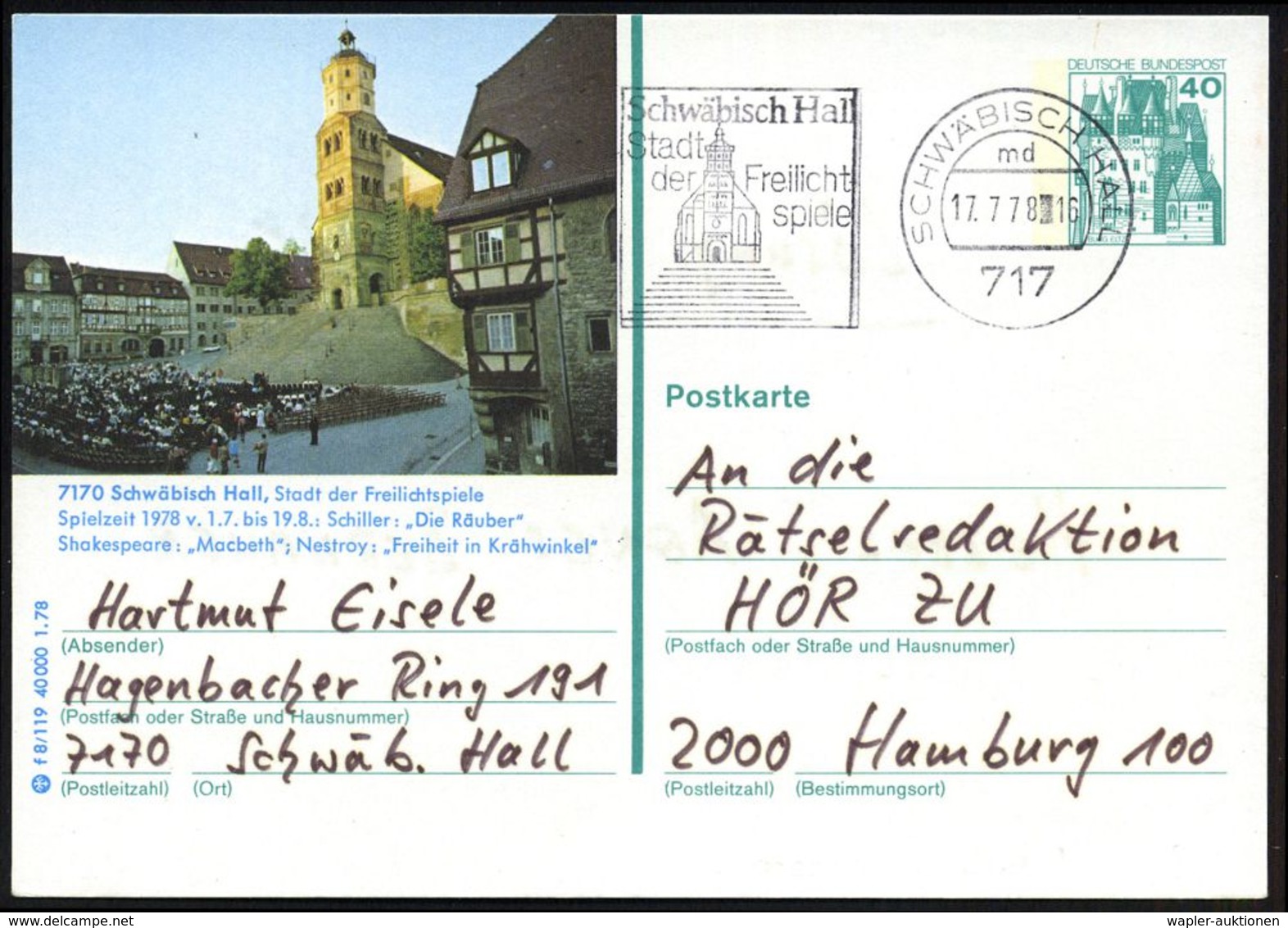 717 SCHWÄBISCH HALL/ Md/ Stadt/ Der Freilicht/ Spiele 1978 (17.7.) MWSt Auf Motiv- U. Ortsgl. BiP 40 Pf.: Spielzeit 1978 - Scrittori