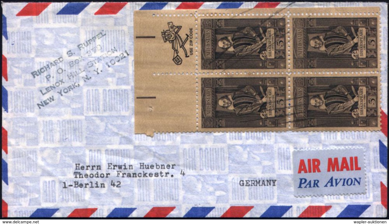 U.S.A. 1964 5 C. "400. Geburtstag William Shakespeare", Reine MeF: Oberrand-4er-Block M. ZIP-CODE-Werbung + Farbrand , S - Scrittori