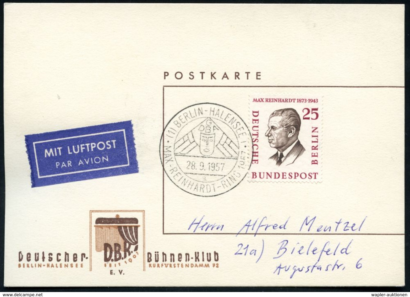 (1) BERLIN-HALENSEE 1/ G/ DBA/ A/ MAX-REINHARDT-RING 1957 (28.9.) SSt (Logo M.Theater-Maske) EF 25 Pf. Max Reinhardt (Mi - Theater