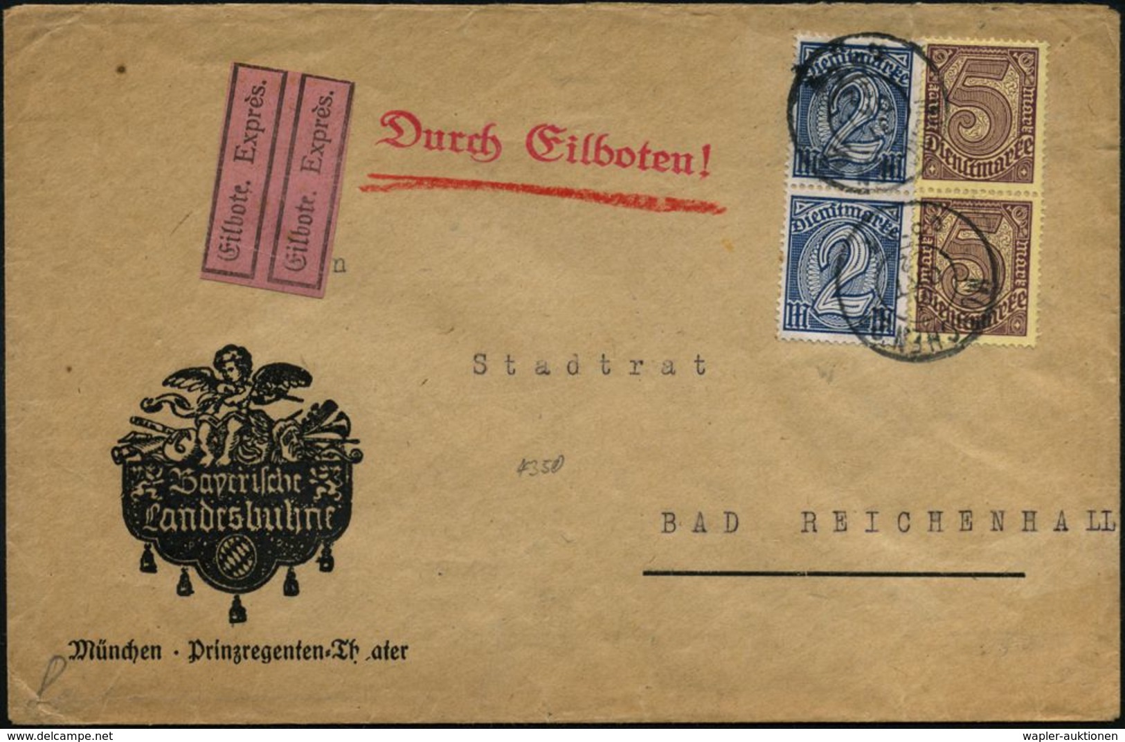 MÜNCHEN 22 1922 (31.10.) Bayer. 2K Auf Dienst 2 Mk U.5 Mk. (je Paare) Auf Dekorativem Dienst-Bf: Bayer. Landesbühne, Pri - Théâtre