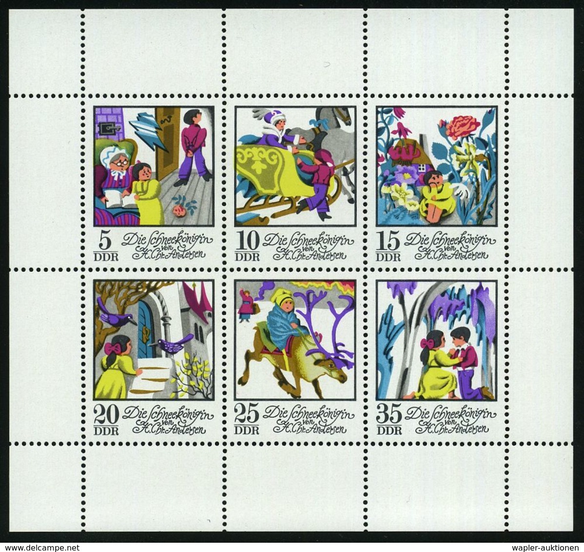 D.D.R. 1972 Kleinbogen "Die Schneekönigin" ,  P h a s e n d r u c k e  (Einzelfaben bis Endphase alle Farben)  6 verschi