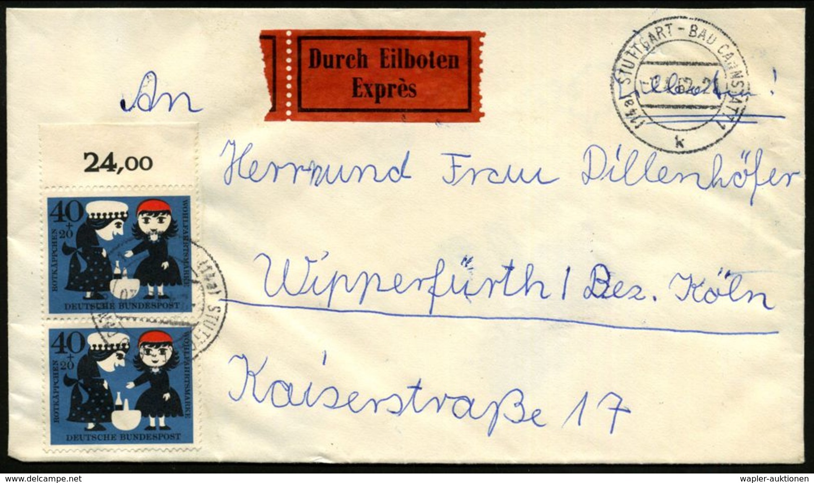 B.R.D. 1962 (7.4.) Wofa 40 Pf.+ 20 Pf. "Rotkäppchen", Reine MeF: Oberrand-Paar Mit Summenzähler , Sauber Gest. (Bad Cann - Schrijvers