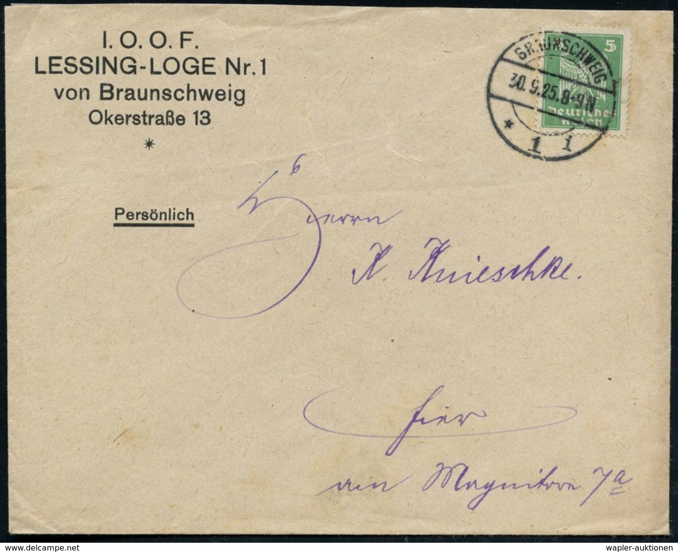 BRAUNSCHWEIG/ *1i 1925 (30.9.) 1K-Brücke Auf Vordr.-Bf.: I.O.O.F. / LESSING-LOGE Nr. 1 Von Braunschweig.. (Old Fellow-Or - Freimaurerei