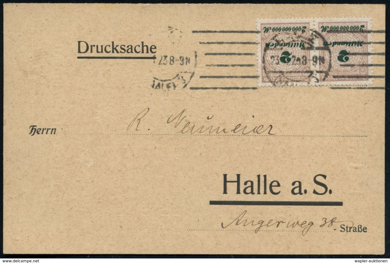 HALLE/ (SAALE) 3 1923 (23.11.) Bd.MaSt. Auf Paar 4 Mia. Mk. Auf Logen-Kt.: "Fr. Z. St." C  S+M = Loge "Fr.(iedrich) Z.(u - Massoneria