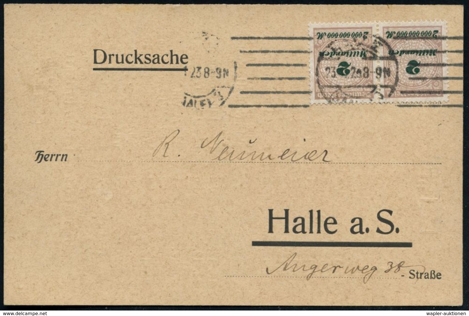 HALLE/ (SAALE) 3 1923 (23.11.) Bd.MaSt. Auf Paar 4 Mia. Mk. Auf Logen-Kt.: "Fr. Z. St." C  S+M = Loge "Fr.(iedrich) Z.(u - Vrijmetselarij