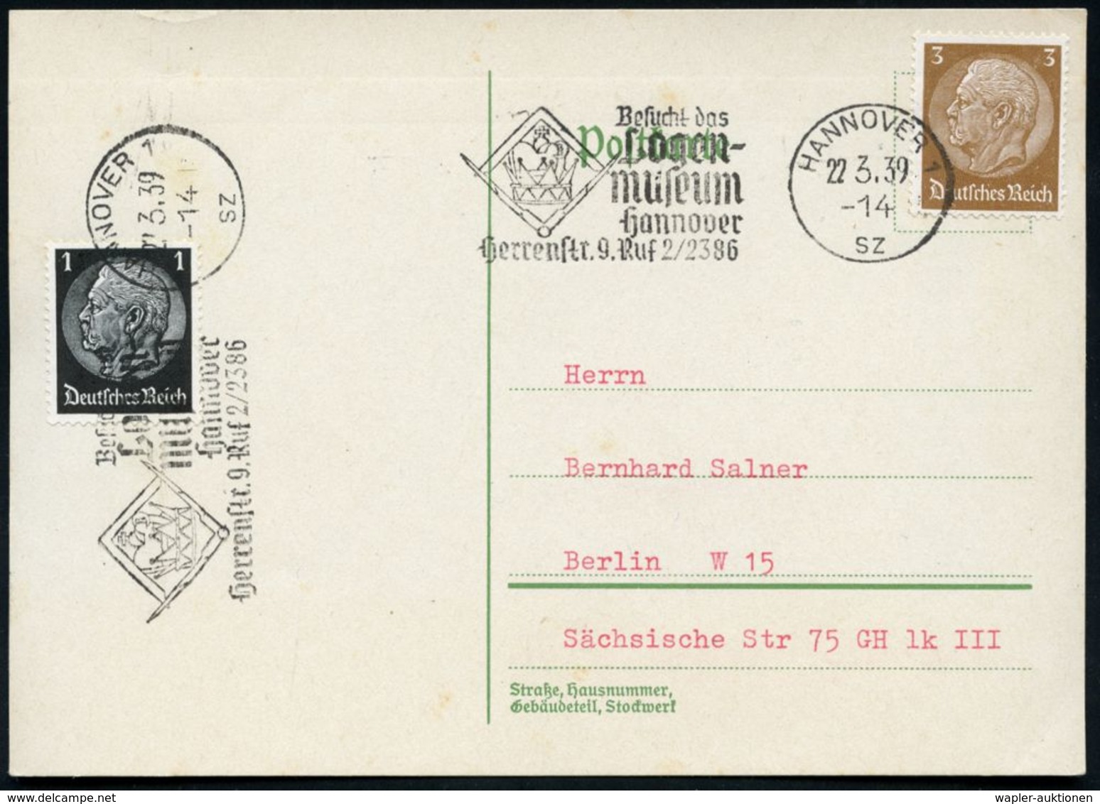 HANNOVER 1/ Sz/ Besucht Das/ Logen-/ Museum 1939 (22.3.) Seltener MWSt (Halbstempel) = Zirkel, Winkelmaß U. Krone , 2x K - Vrijmetselarij