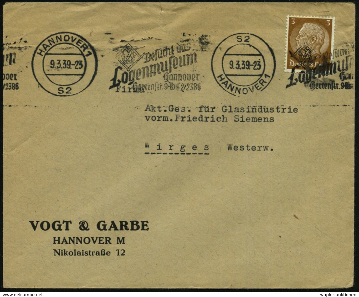 HANNOVER 1/ S2/ Besucht D./ Logenmuseum 1939 (März) BdMWSt (Endlosstempel) = Winkelmaß, Zirkel U. Krone , Klar Gest. Fir - Freimaurerei