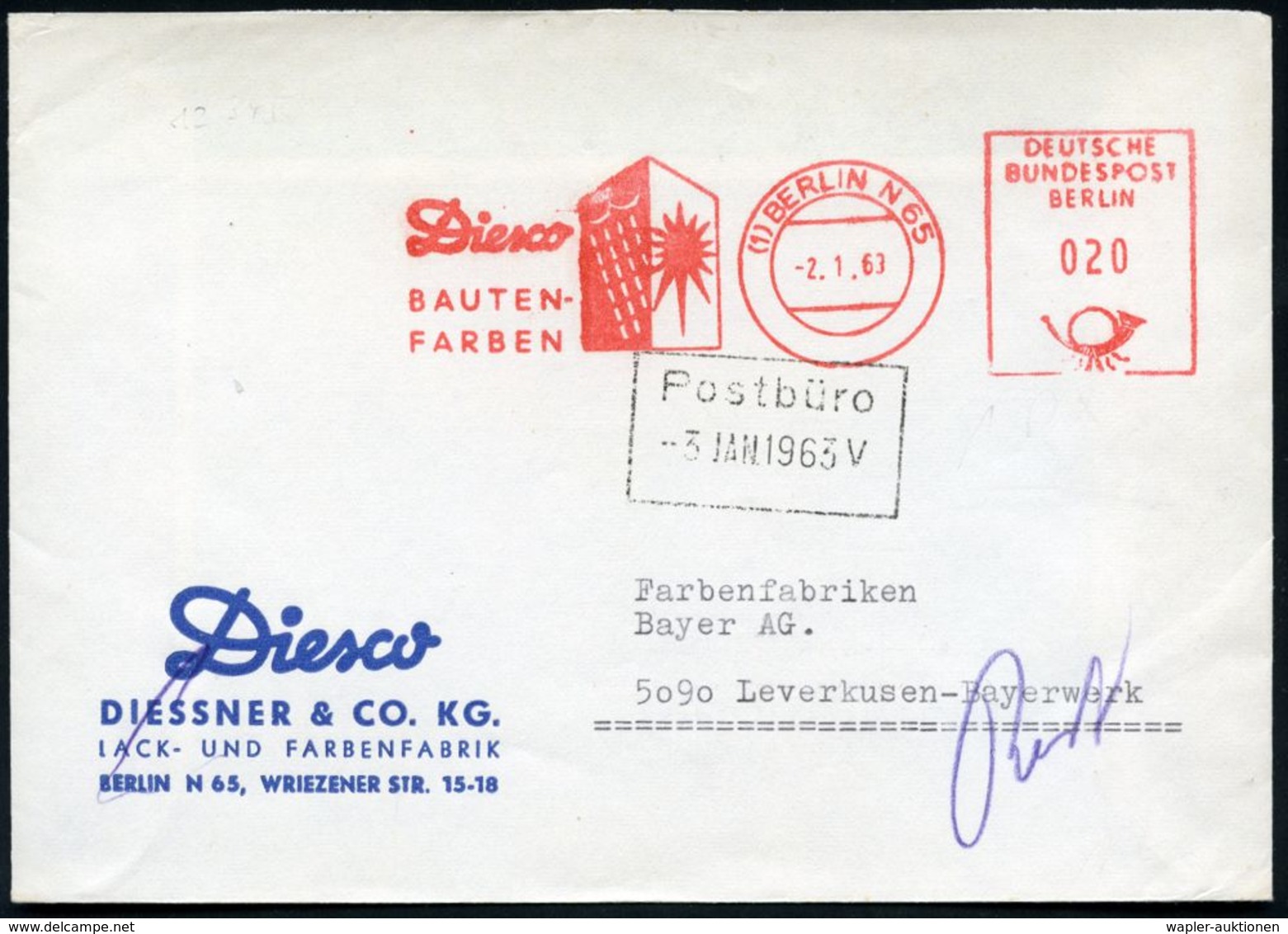 (1) BERLIN N65/ Diesco/ BAUTEN-/ FARBEN 1963 (2.1.) AFS = Regenwolke U. Sonne (auf Hauswand) Klar Gest. Firmen-Bf. (Dü.E - Clima & Meteorologia