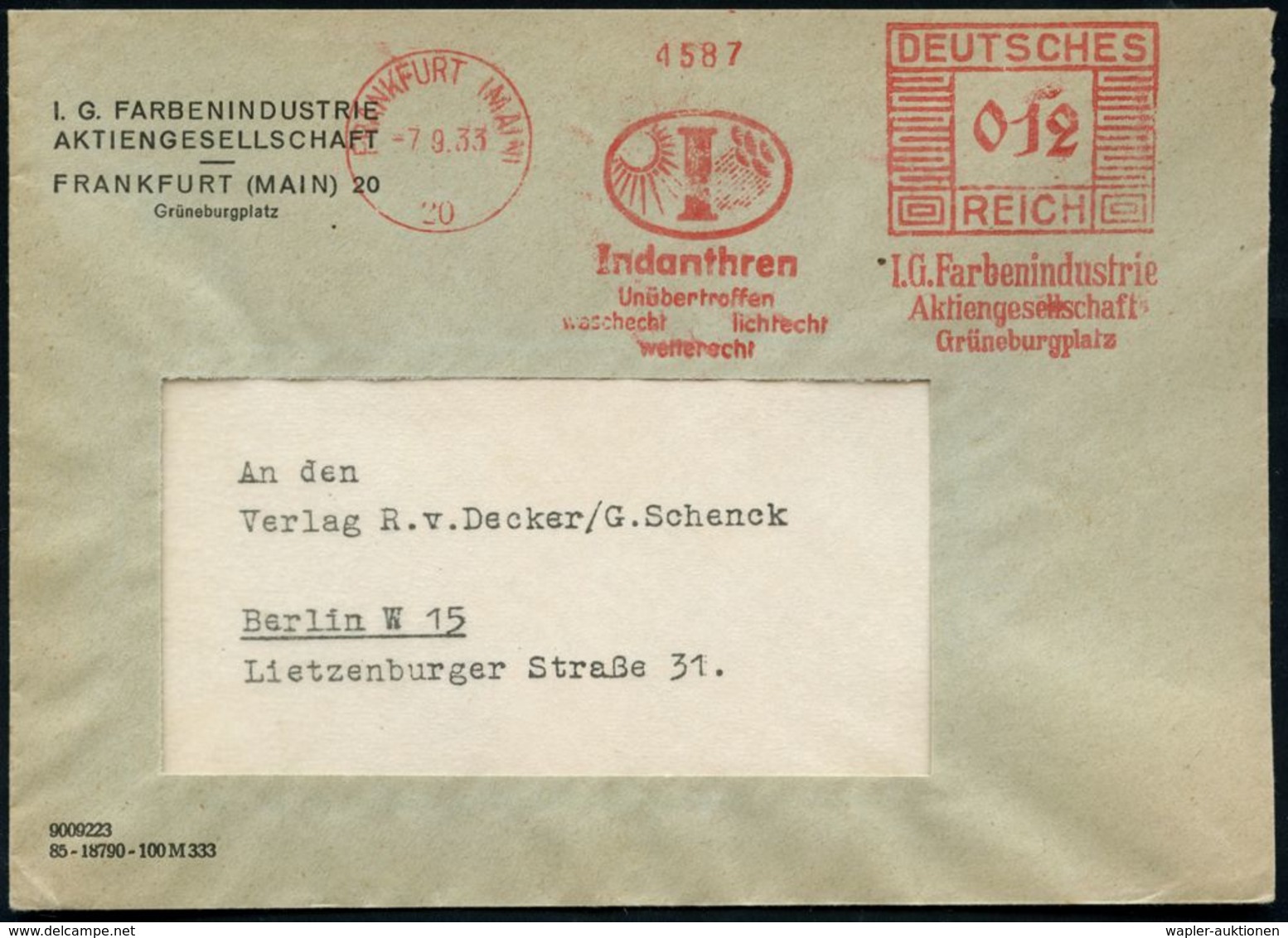FRANKFURT (MAIN)/ 20/ Indanthren/ ..wetterecht/ I.G.Farben.. 1933 (7.9.) AFS = Sonne U. Regenwolke (Firmen-Logo) Firmen- - Clima & Meteorologia