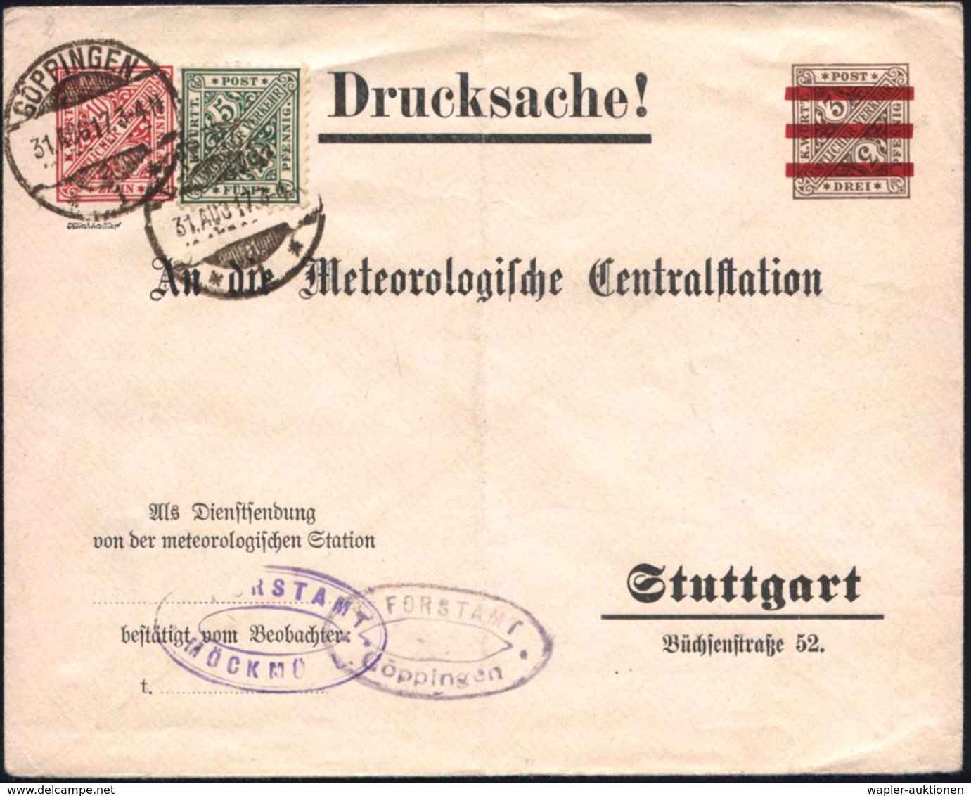 GÖPPINGEN/ *1* 1917 (31.8.) 1K-Gitter Auf Dienst-U 3 Pf. Ziffer Durchbalkt + 10 Pf. Karm.: Als Dienstsendung/von Der Met - Klimaat & Meteorologie