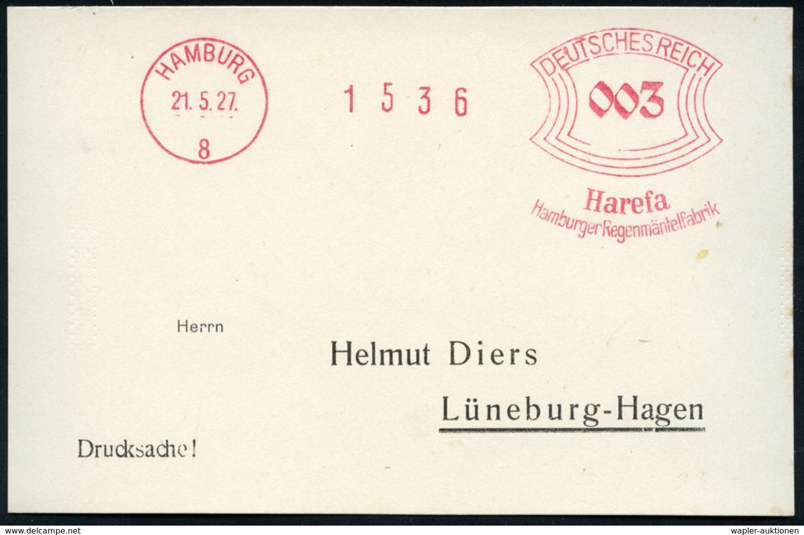 HAMBURG/ 8/ Harefa/ Hamburger Regenmäntelfabrik 1927 (21.5.) AFS Auf Drs.-Karte (Dü.E-1BAm, Gr. Zähnlnr.!) - METEOROLOGI - Klimaat & Meteorologie