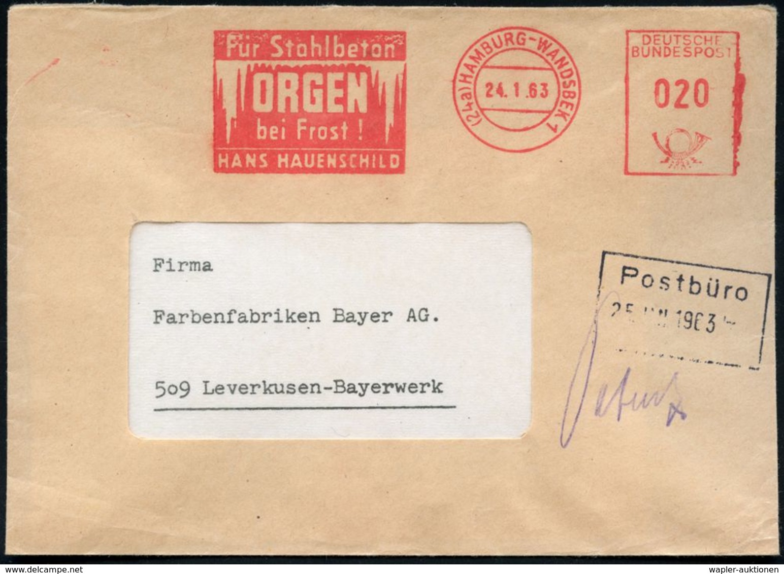 (24a) HAMBURG-WANDSBEK 1/ Für Stahlbeton/ ORGEN/ Bei Frost!/ .. 1963 (24.1.) AFS = Eiszapfen , Firmen-Bf. (Dü.E-26) - ME - Klimaat & Meteorologie