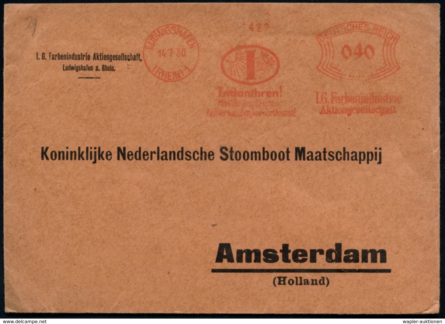 LUDWIGSHAFEN/ (RHEIN)1/ Indanthren!/ Merk Dir Das Zeichen!/ ..I.G.Farben.. 1930 (14.7.) AFS 040 Pf. = Sonne U. Regenwolk - Climat & Météorologie