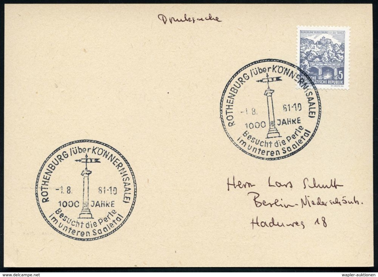 ROTHENBURG über KÖNNERNSAND/ 1000 JAHRE.. 1961 (1.8.) HWSt = Säule Mit Wetterfahne , Klar Gest. Inl.-Karte (Bo.1 , Nur 1 - Klimaat & Meteorologie