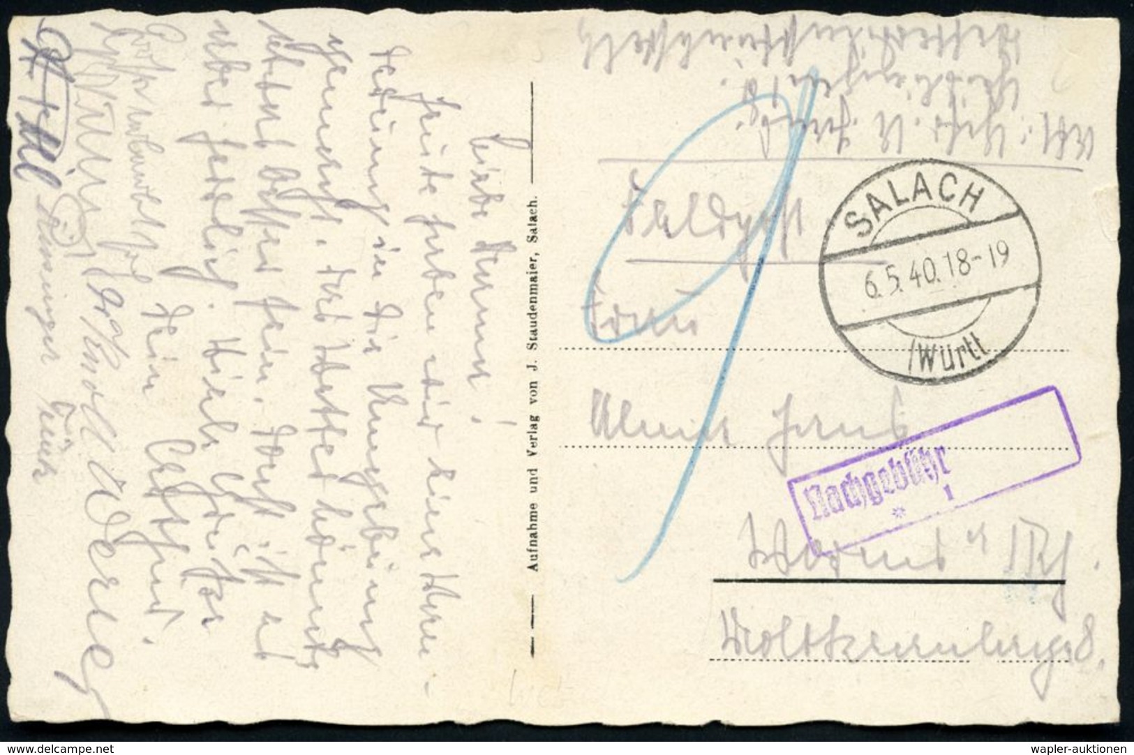 SALACH/ (Württ) 1940 (6.5.) 1K-Brücke + Lila Ra2: Nachgebühr/*1 (9 Pf.) N.Worms, Hs.Absender Wetterdienst-Funkstelle, Al - Klima & Meteorologie