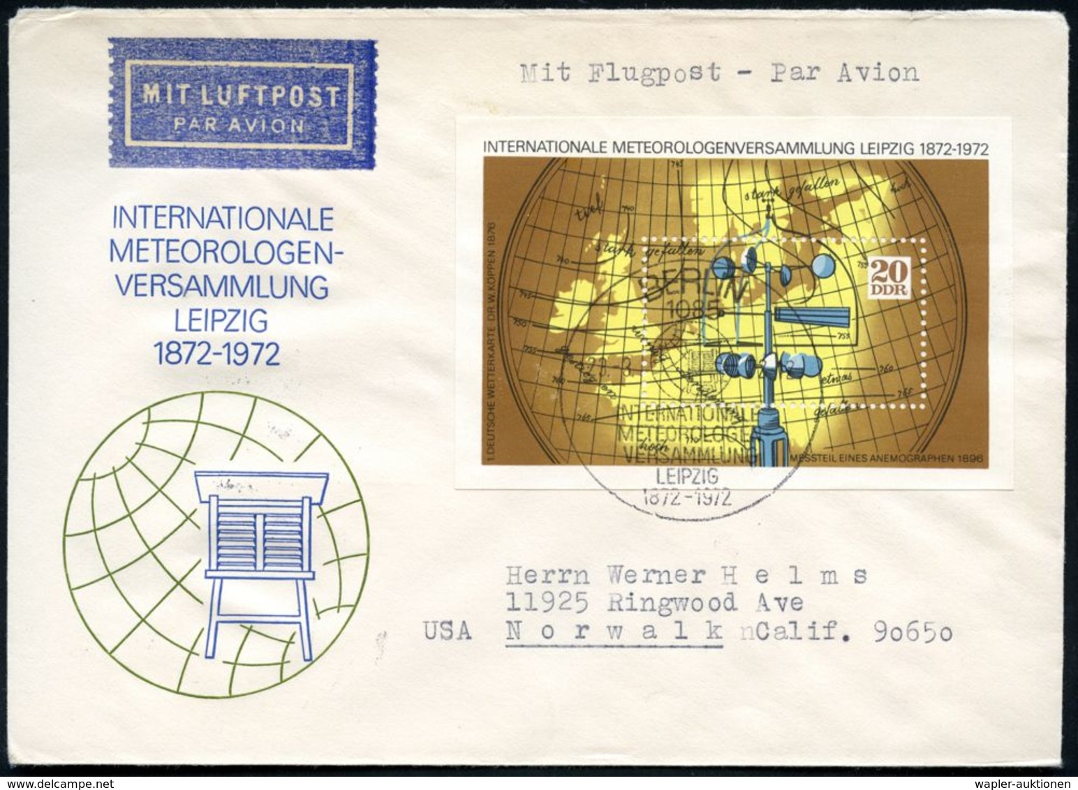 D.D.R. 1972 (23.3.) "100 Jahre Int.Meteorologen-Vers." 20 Pf., 35 Pf. U. 70 Pf. Block-Satz Kpl. (2x Rs. Zusatzfrank., 70 - Klimaat & Meteorologie