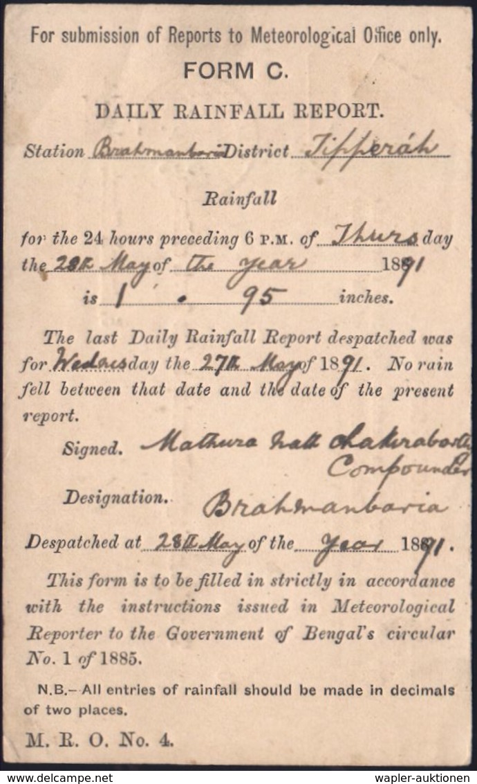 INDIEN 1891 (Mai) 1/4 A. Dienst-P Victoria Blau: Reports To Meteorological Office/ FORM C/  DAILY RAINFALL REPORT (= Reg - Klimaat & Meteorologie