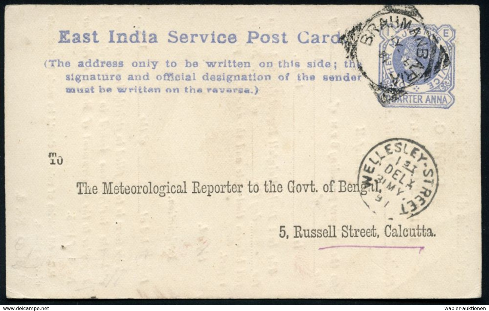 INDIEN 1891 (Mai) 1/4 A. Dienst-P Victoria Blau: Reports To Meteorological Office/ FORM C/  DAILY RAINFALL REPORT (= Reg - Climat & Météorologie