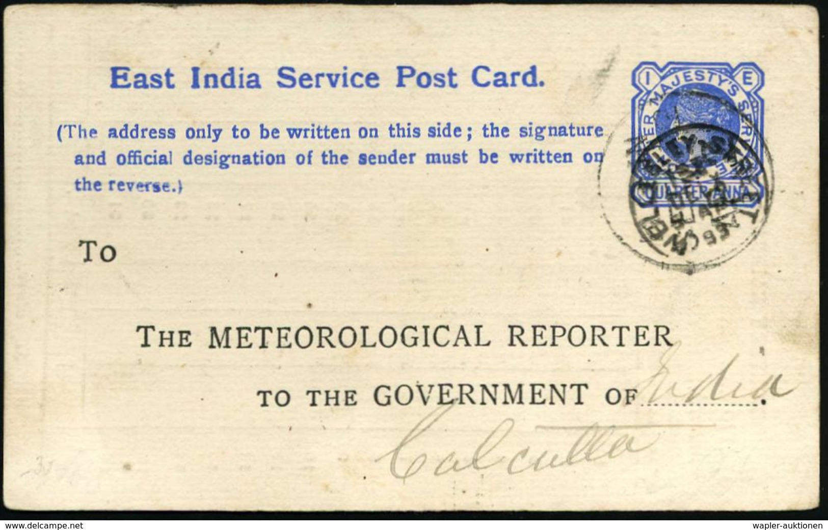 INDIEN 1893 (März) 1/4 A. Victoria, Dienst-P., Blau: THE METEOROLOGICAL REPORTER.. (dreizeilig Ohne Ortsangabe) Rs. Mona - Klimaat & Meteorologie