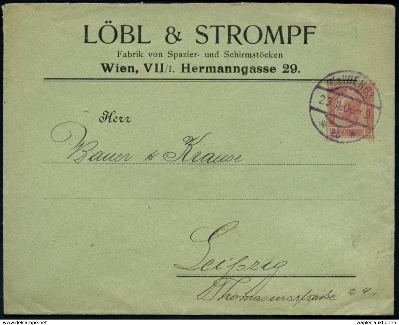 ÖSTERREICH 1906 (23.2.) PU 10 H. KFJ Torbogen, Rosa: LÖBL & STROMPF, Fabrik Von Spazier-u. Schirmstöcken (Wien VII) Beda - Klimaat & Meteorologie