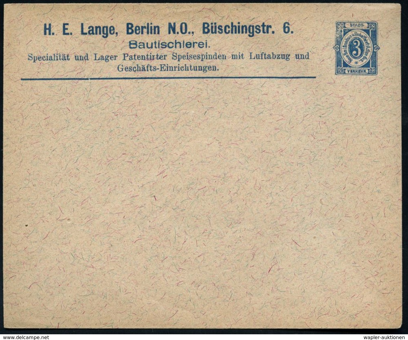 Berlin 1888 "Neue Berliner Omnibus- & Packerfahrt AG" StPU 3 Pf. Ziffer, Blau: H.E. Lange.. Bautischlerei/..Lager Patent - Non Classificati