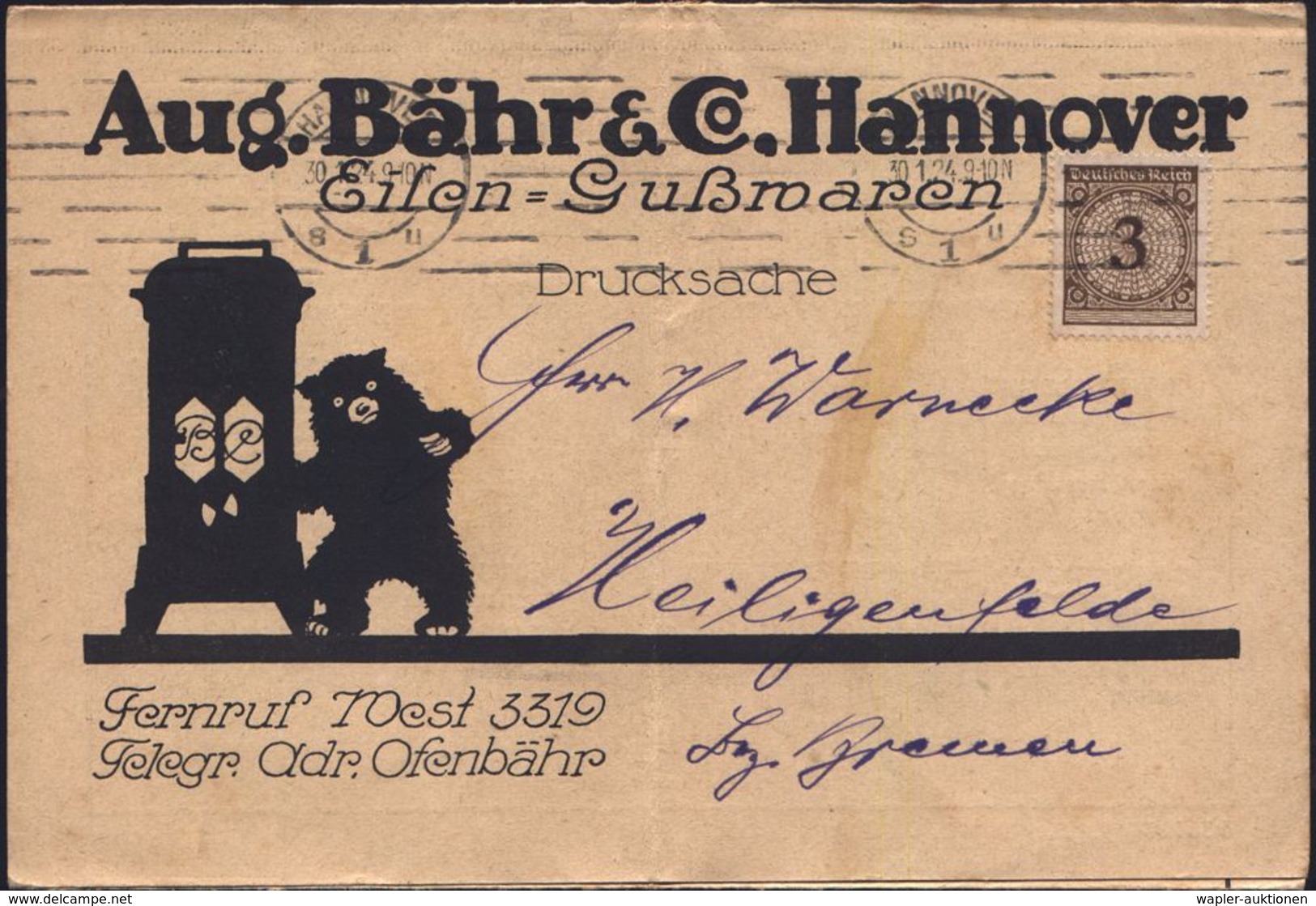 HANNOVER/ S1u 1924 (30.1.) BdMaSt Auf Reklame-3fach-Reklame-Klappkt.: Aug. Bähr & Co., Eisen-Gußwaren (Bär Mit Ofen) Pre - Unclassified