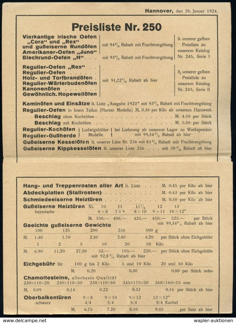 HANNOVER/ S1u 1924 (30.1.) BdMaSt Auf Reklame-3fach-Reklame-Klappkt.: Aug. Bähr & Co., Eisen-Gußwaren (Bär Mit Ofen) Pre - Zonder Classificatie