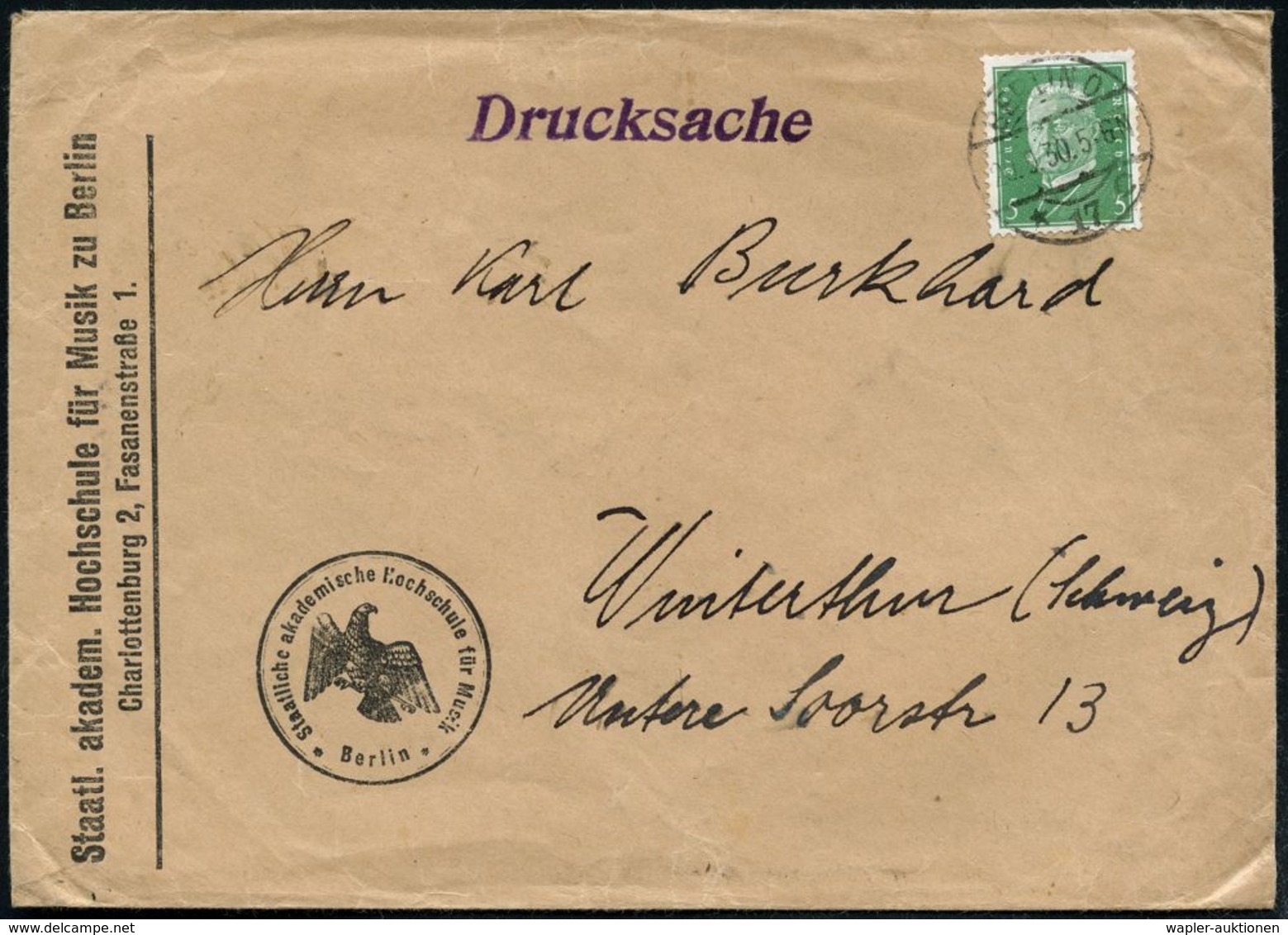 BERLIN O/ *17c 1930 (20.9.) 1K-Brücke Auf Dienst-Bf.: Staatl. Akadem. Hochschule Für Musik Zu Berlin.. (preuß. Adler) Au - Musique