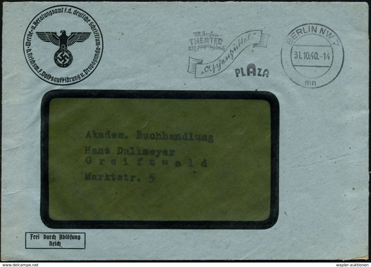 BERLIN-/ A/ NIKOLASSEE 1940 (26.4.) 1K-Brücke + Viol. Ra.: Gebührenpflichtige Dienstsache/Reichskulturkammer.. (NS-Adler - Muziek