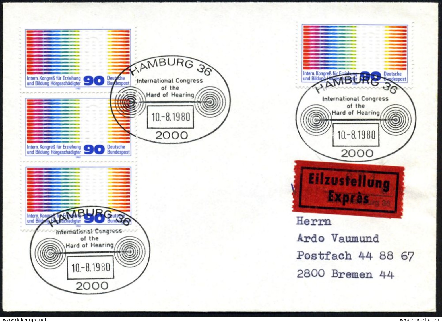 2000 HAMBURG 36/ Internat.Congress/ Of The/ Hard Of Hearing 1980 (10.8.) SSt = Akustik-Symbol 3x Auf Reiner MeF: 4x 90 P - Muziek