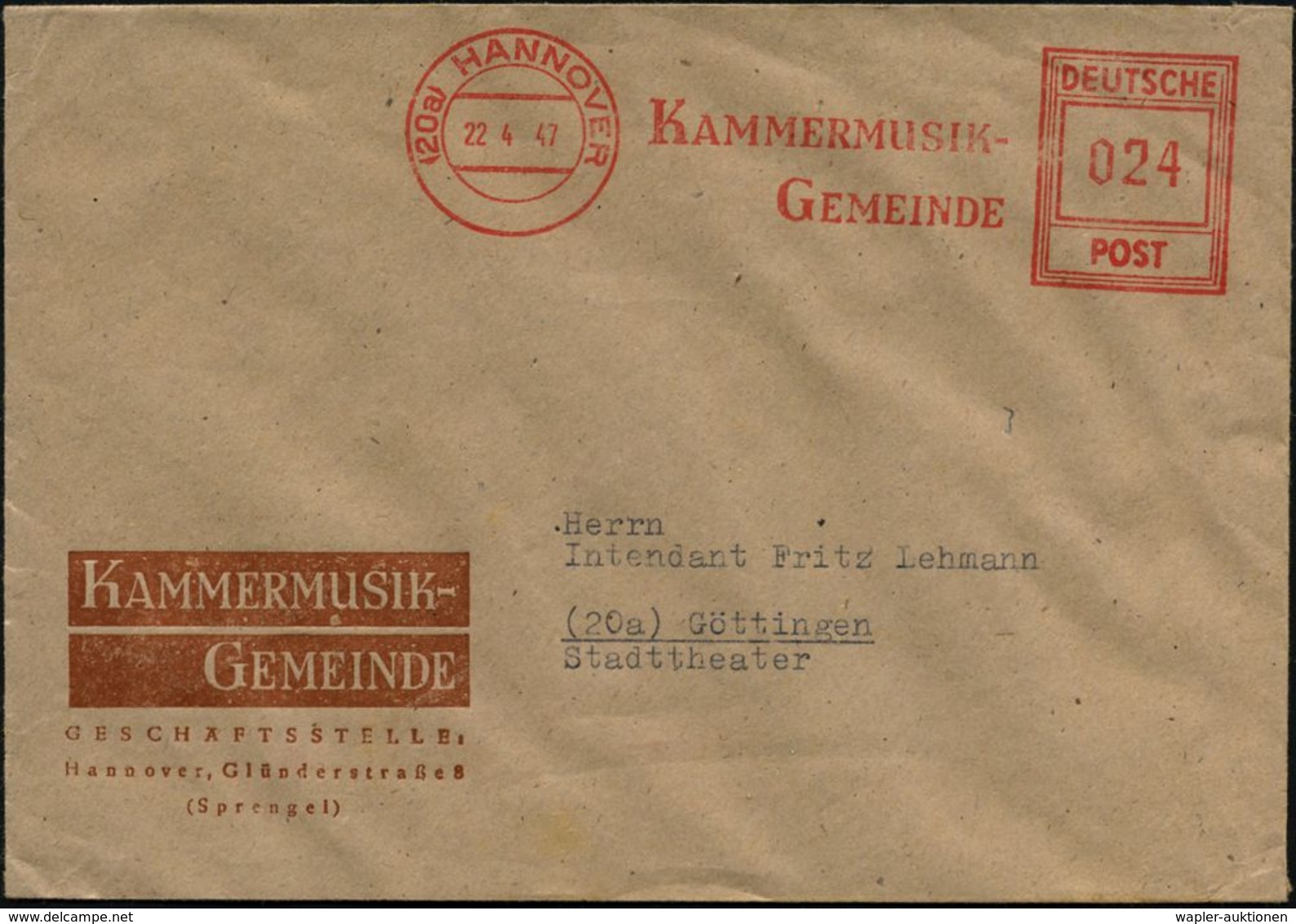 (20 A) HANNOVER/ KAMMERMUSIK-/ GEMEINDE 1947 (22.4.) Seltener AFS-Typ "Hochrechteck" Auf Dekorat. Vordruck-Bf. (Dü.E-18C - Muziek