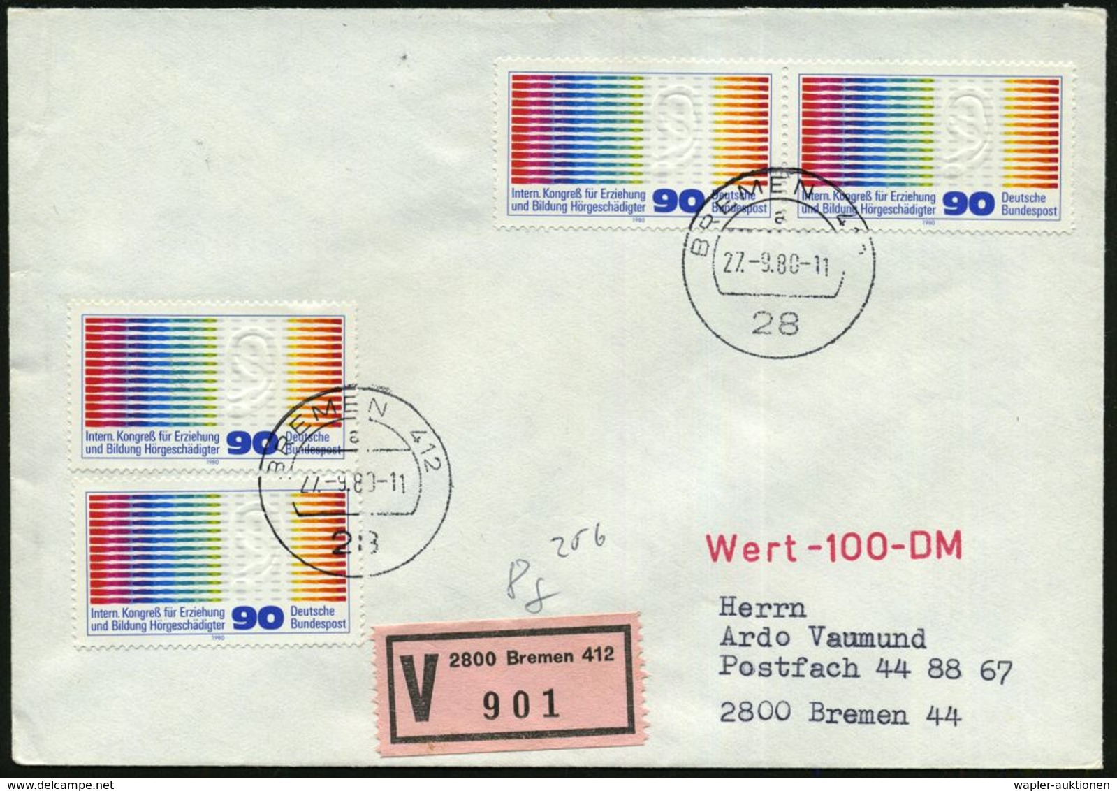 B.R.D. 1980 (27.9.) 90 Pf. "Int. Kongreß Für Erziehung U. Bildung Hörgeschädigter", Reine MeF: 4x (Motiv: Ohr, Aklustik) - Muziek