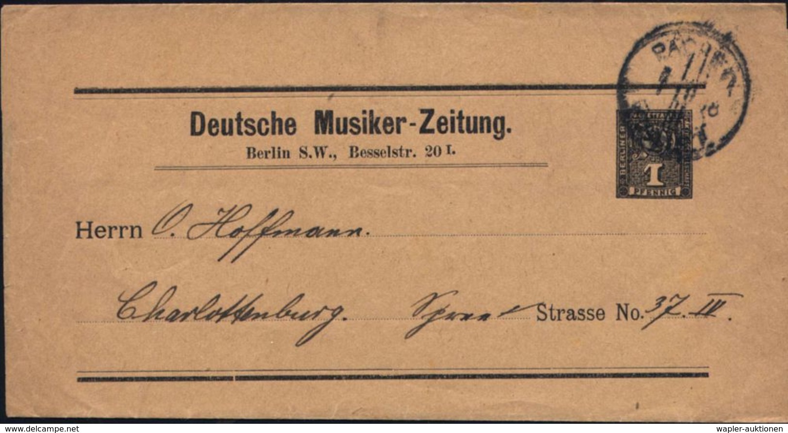 Berlin 1898 Berliner Packetfahrt AG, Stadtpost-Privat-Zeitungs-Sb 1 Pf. Bär, Schw.: Deutsche Musiker-Zeitung/Berlin S.W. - Musique