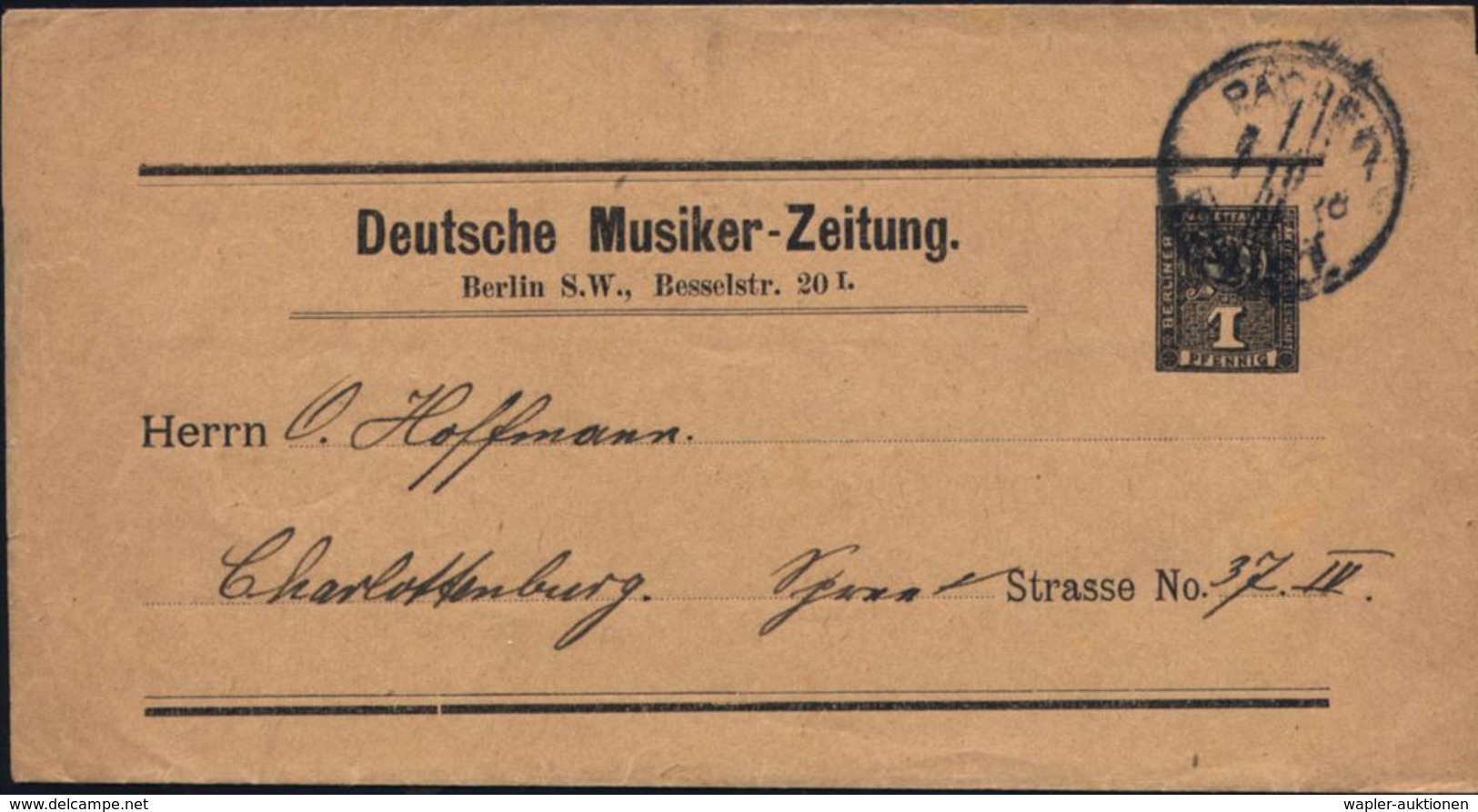 Berlin 1898 Berliner Packetfahrt AG, Stadtpost-Privat-Zeitungs-Sb 1 Pf. Bär, Schw.: Deutsche Musiker-Zeitung/Berlin S.W. - Musica